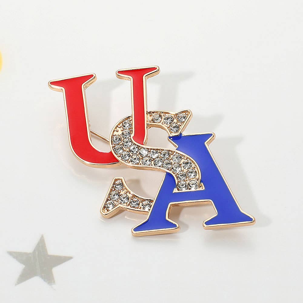 Stone Paved Enamel USA Pin Brooch