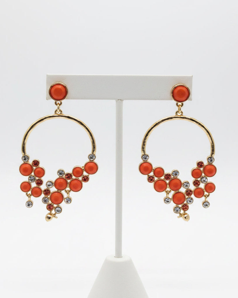 Gold-Tone Orange Bead Chandelier Hoop Earrings