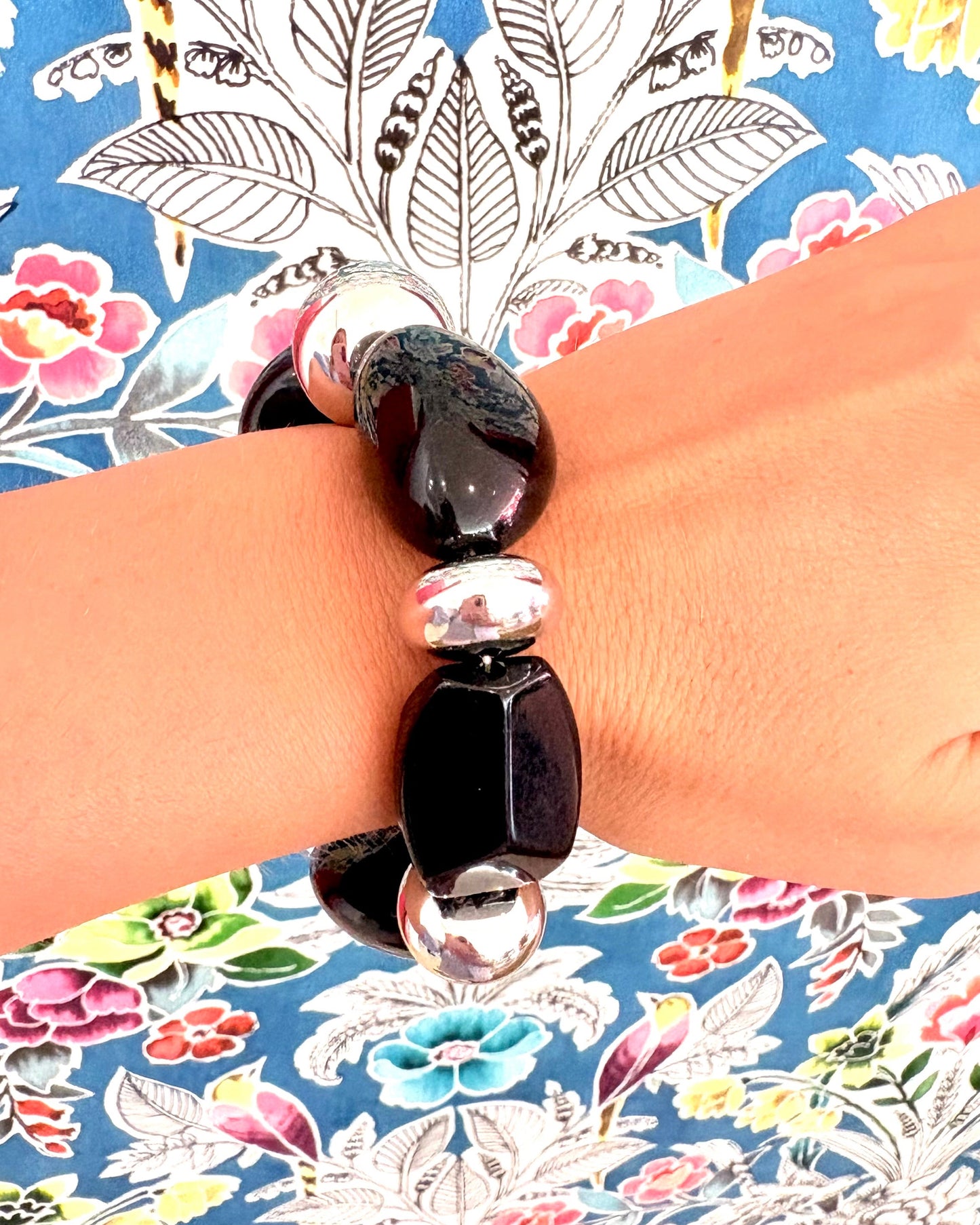 Chunky Geometric Onyx & Polished Silver Bead Statement Bracelet