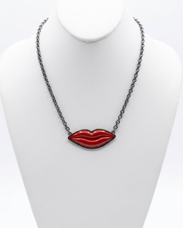 Crimson Pop Enamel Lips Pendant Necklace