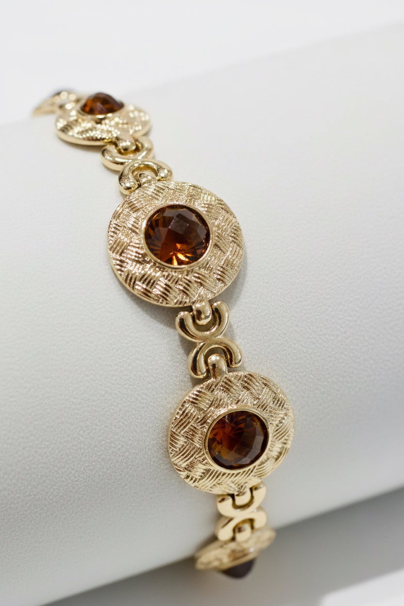 Textured Basketweave Circle Link Bracelet with Amber Rhinestones