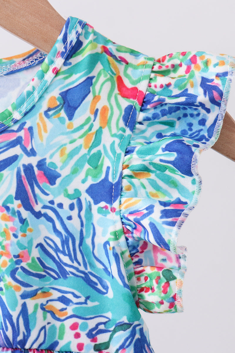 Blue Floral Print Ruffle Bubble