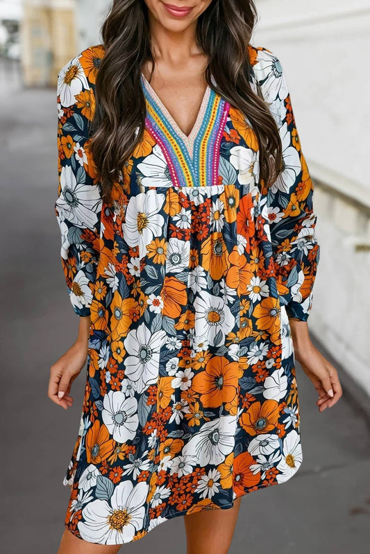 Fall Big Floral Print Mini Dress