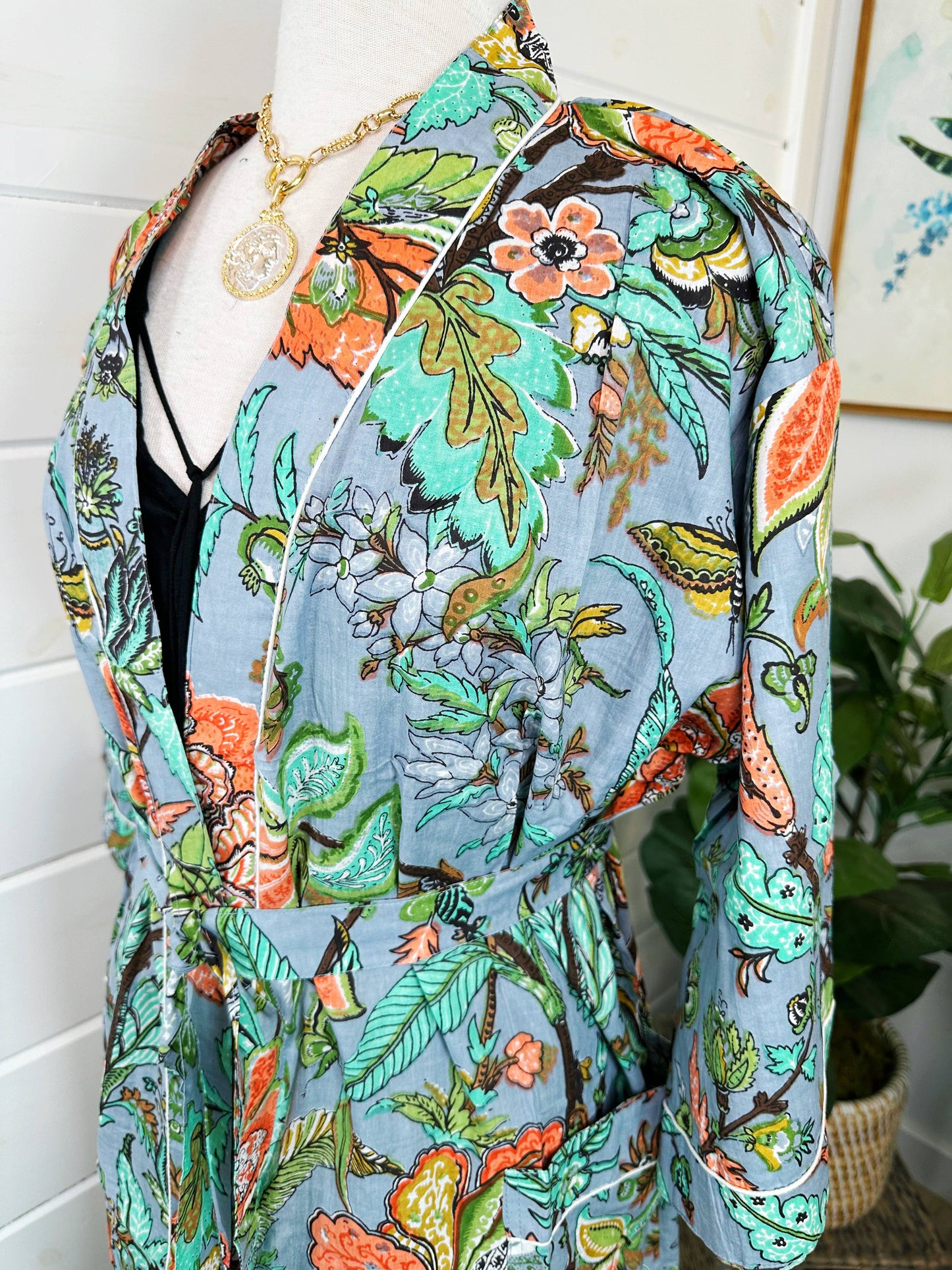 Gray Tropical Kimono Robe