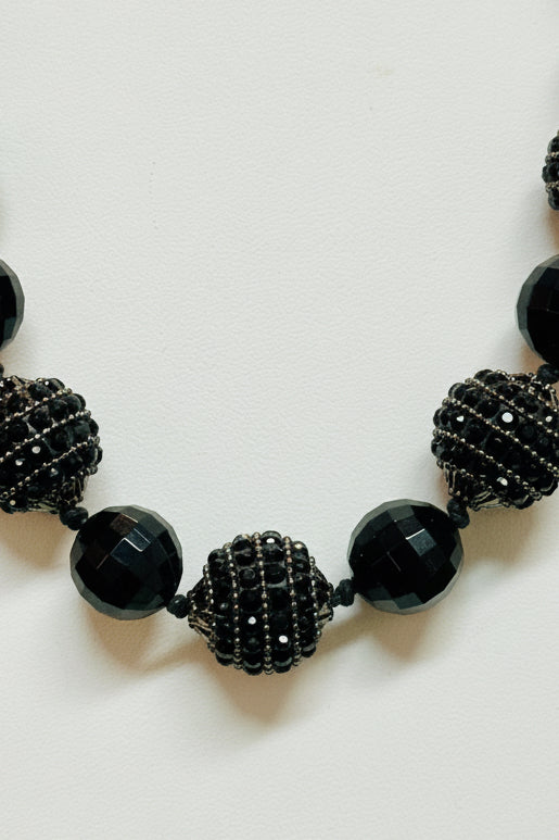 Vintage Jet Black Faceted & Micro-Pavé Mesh Bead Statement Necklace