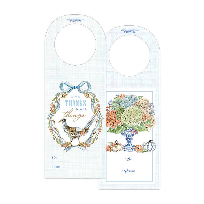 Hydrangeas in Chinoiserie Pot with Pumpkins Wine Tag