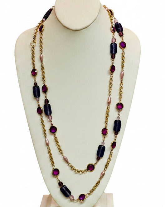 Vintage Deep Amethyst & Pearl Station Opera Necklace