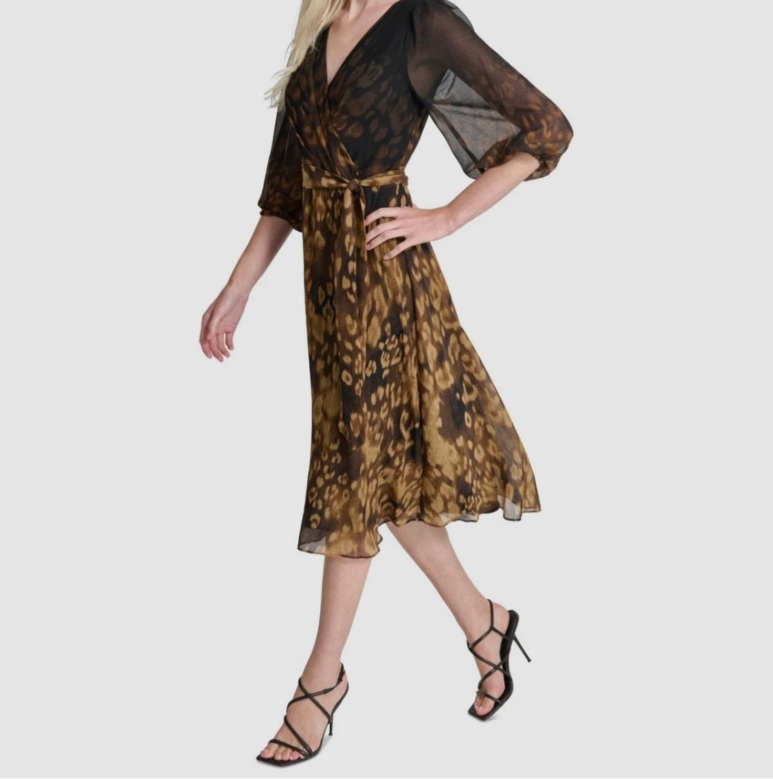 Women's 3/4 Mesh Sleeve Animal Print V-Neck A-Line Dress
