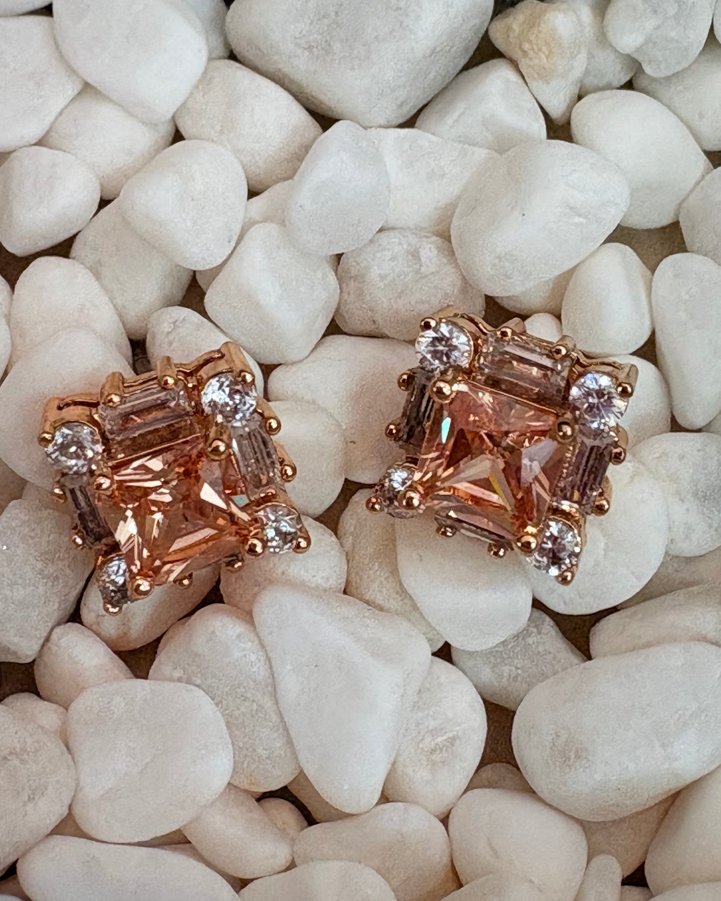 Champagne Princess Cut Art Deco Halo Studs