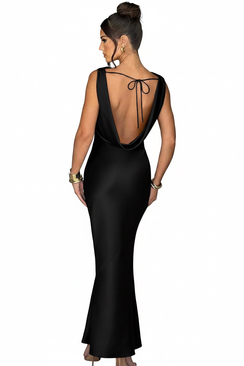 Backless Cowl Neck Satin Dress