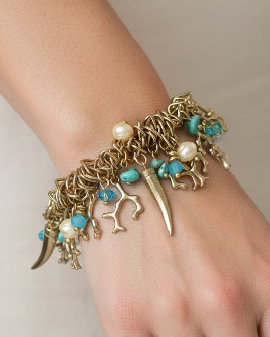 Mediterranean Coastal Charm Bracelet in Matte Gold & Turquoise Blue
