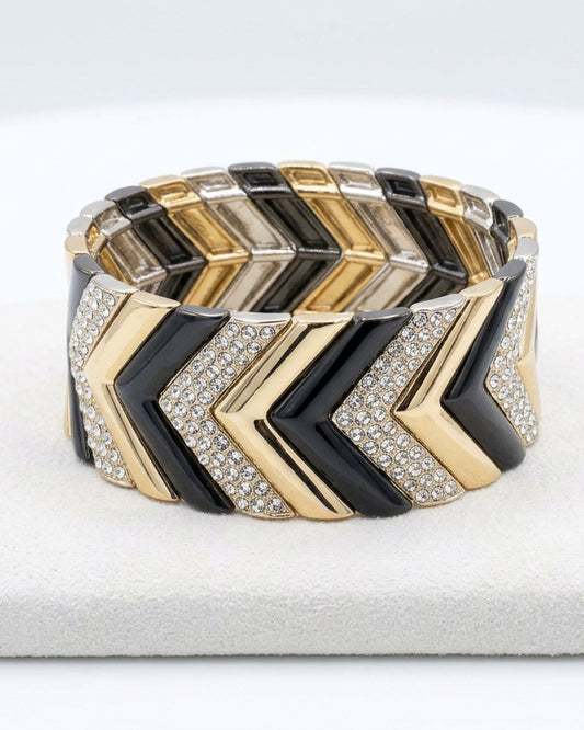 Vintage Art Deco Chevron Pavé & Enamel Stretch Bangle