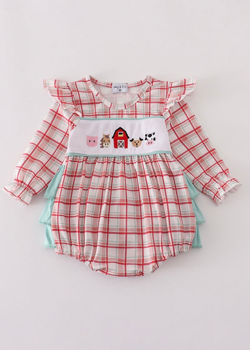 Red Plaid Farm Embroidery Ruffle Bubble