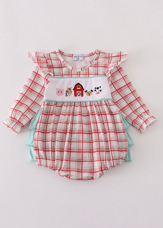 Red Plaid Farm Embroidery Ruffle Bubble