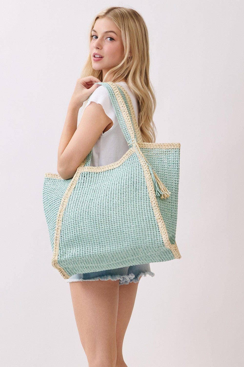 Two Tone Woven Straw Beach Tote Bag