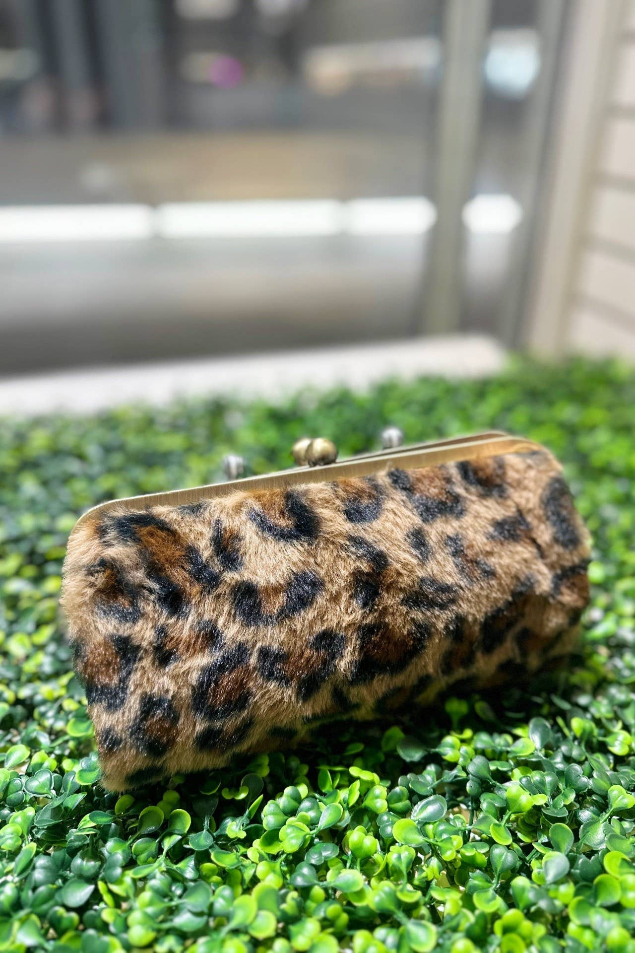 Leopard Faux Fur Kiss Lock Clutch