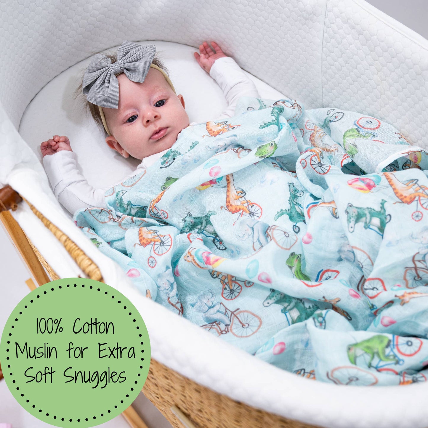 Animals on Bike Baby Muslin Swaddle Blanket