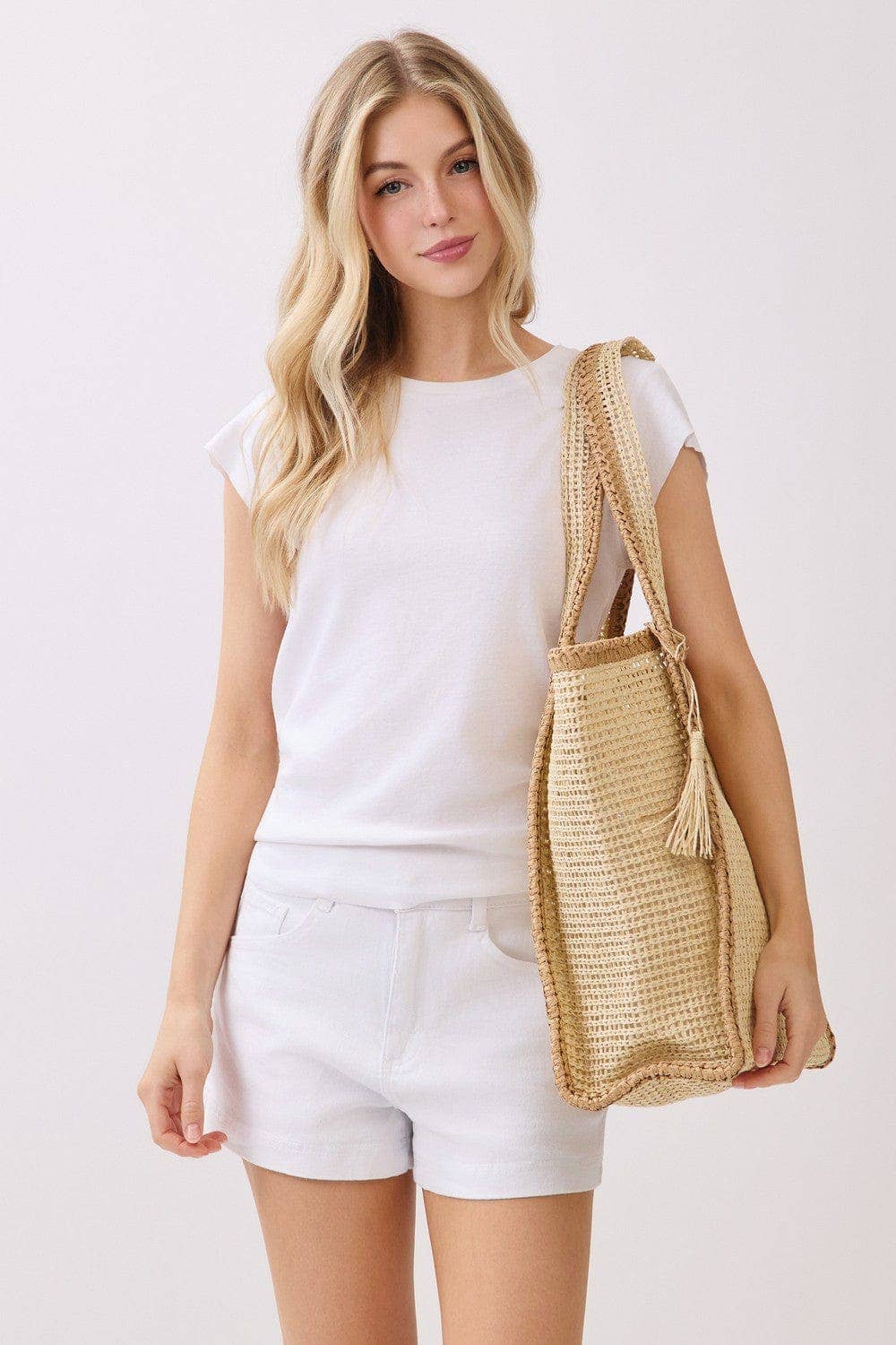 Two Tone Woven Straw Beach Tote Bag
