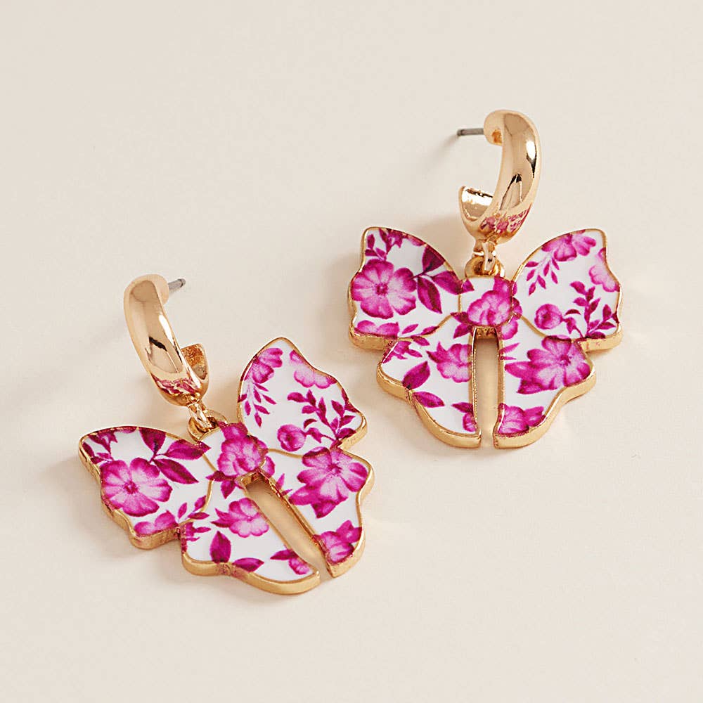 Floral Bow Dangle Mini Hoop Earrings