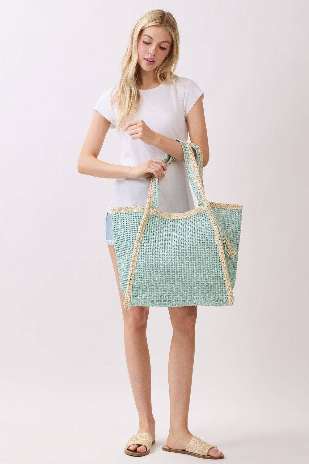 Two Tone Woven Straw Beach Tote Bag