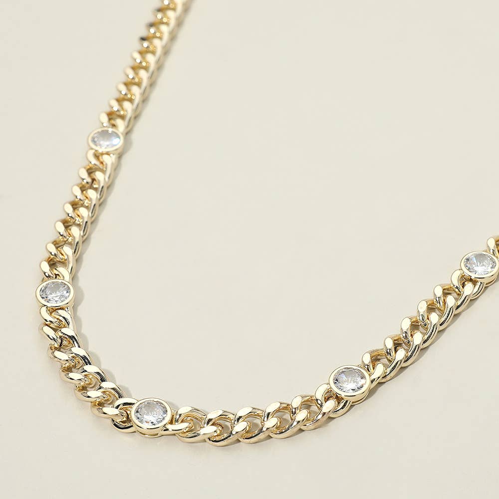 Gold CZ Bezel Station Chunky Chain Necklace