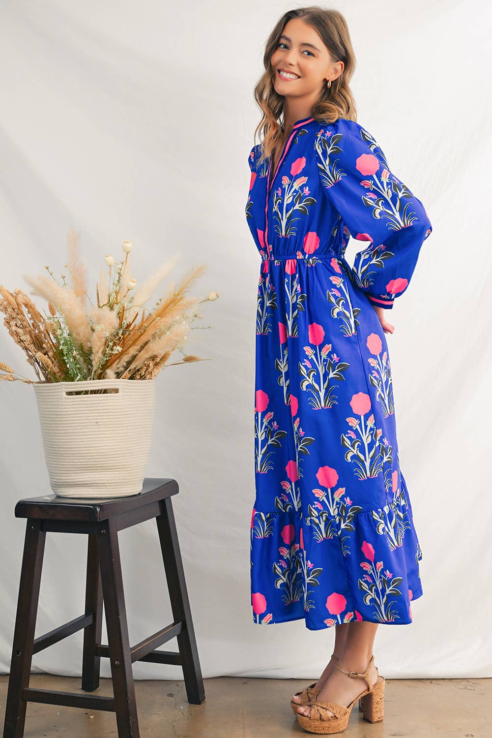 Vibrant Blue Floral Midi Dress