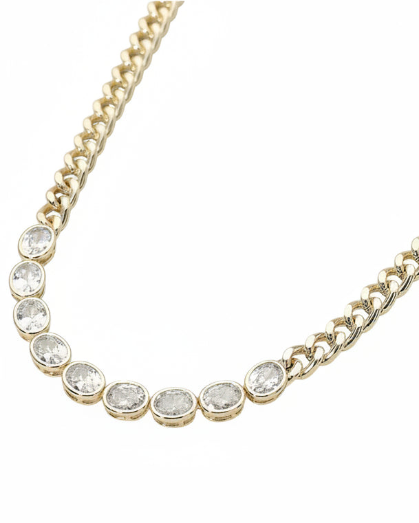 Gold CZ Bezel Link Curb Chain Necklace