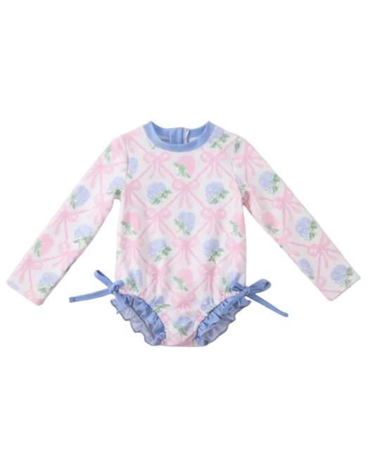 Blue Bow Floral Ruffle Rashguard Swimsuit