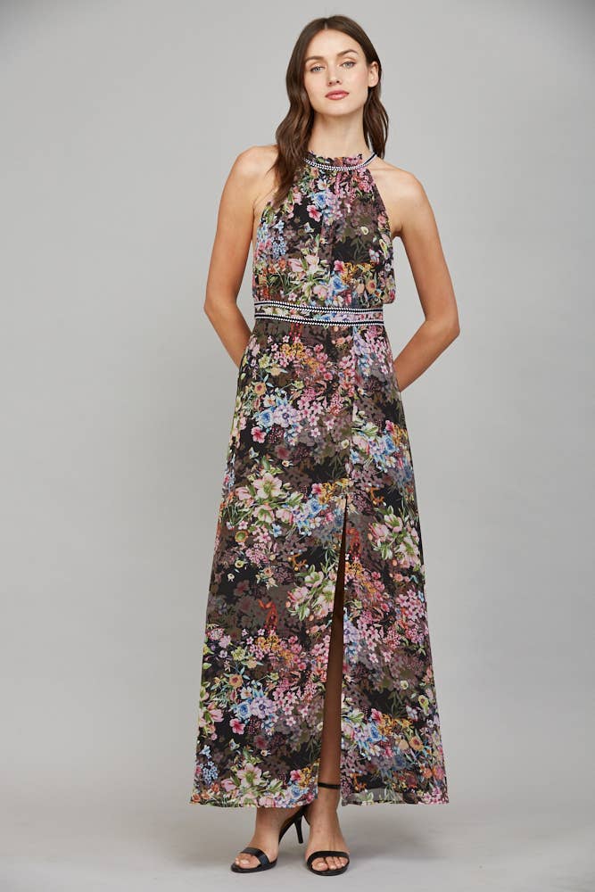 Floral Autumn Halter Maxi Dress
