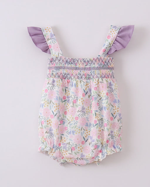 Purple Floral Smocked Ruffle Bubble