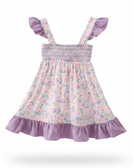 Purple Floral Smocked Ruffle Dress