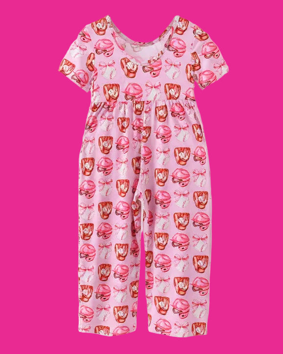 Pink Bow Baseball Bamboo Jumpsuit