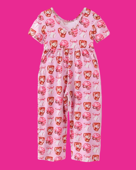 Pink Bow Baseball Bamboo Jumpsuit