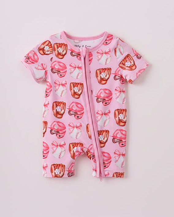 Pink Bow Baseball Bamboo Romper