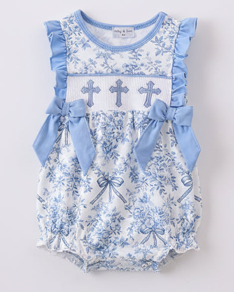 Blue Floral Cross Smocked Bubble