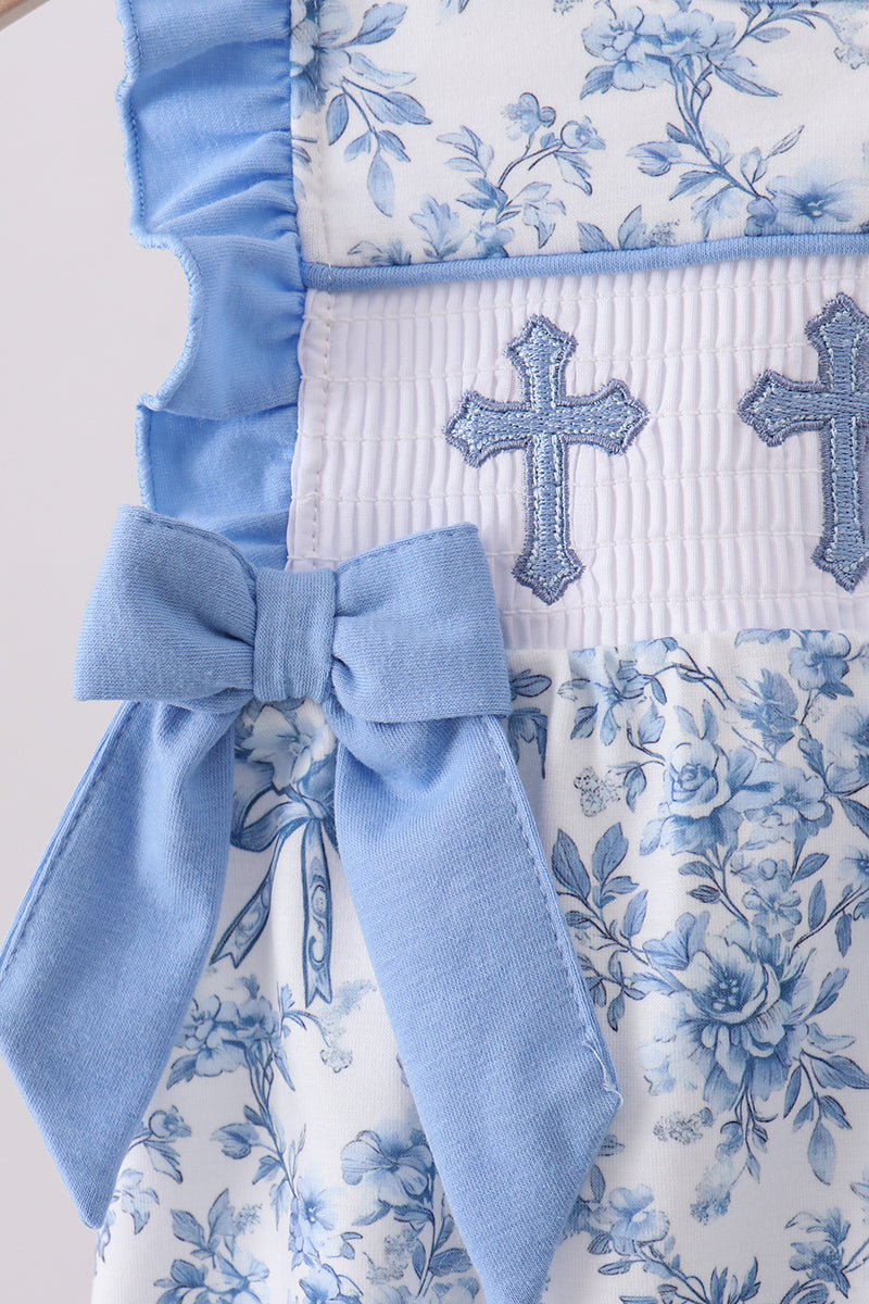 Blue Floral Cross Smocked Bubble