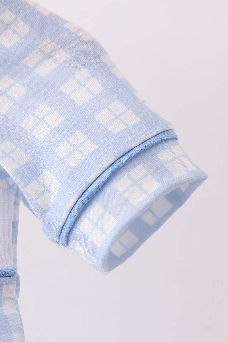 Blue Plaid Cross Smocked Bubble