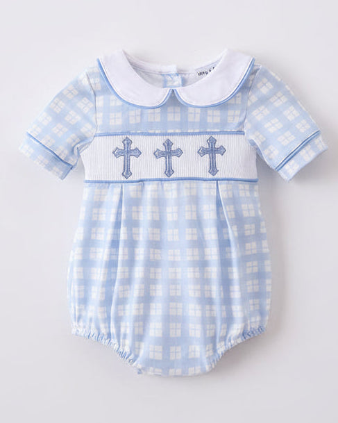 Blue Plaid Cross Smocked Bubble