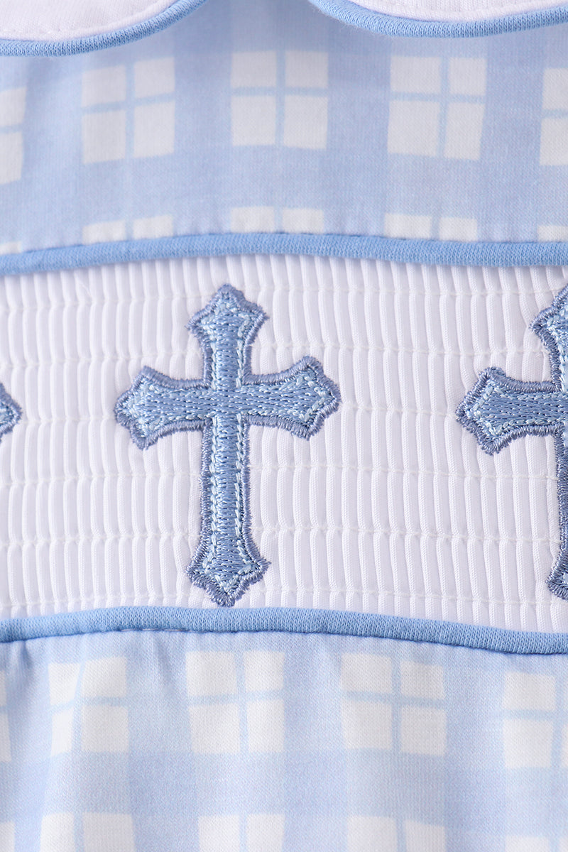 Blue Plaid Cross Smocked Bubble