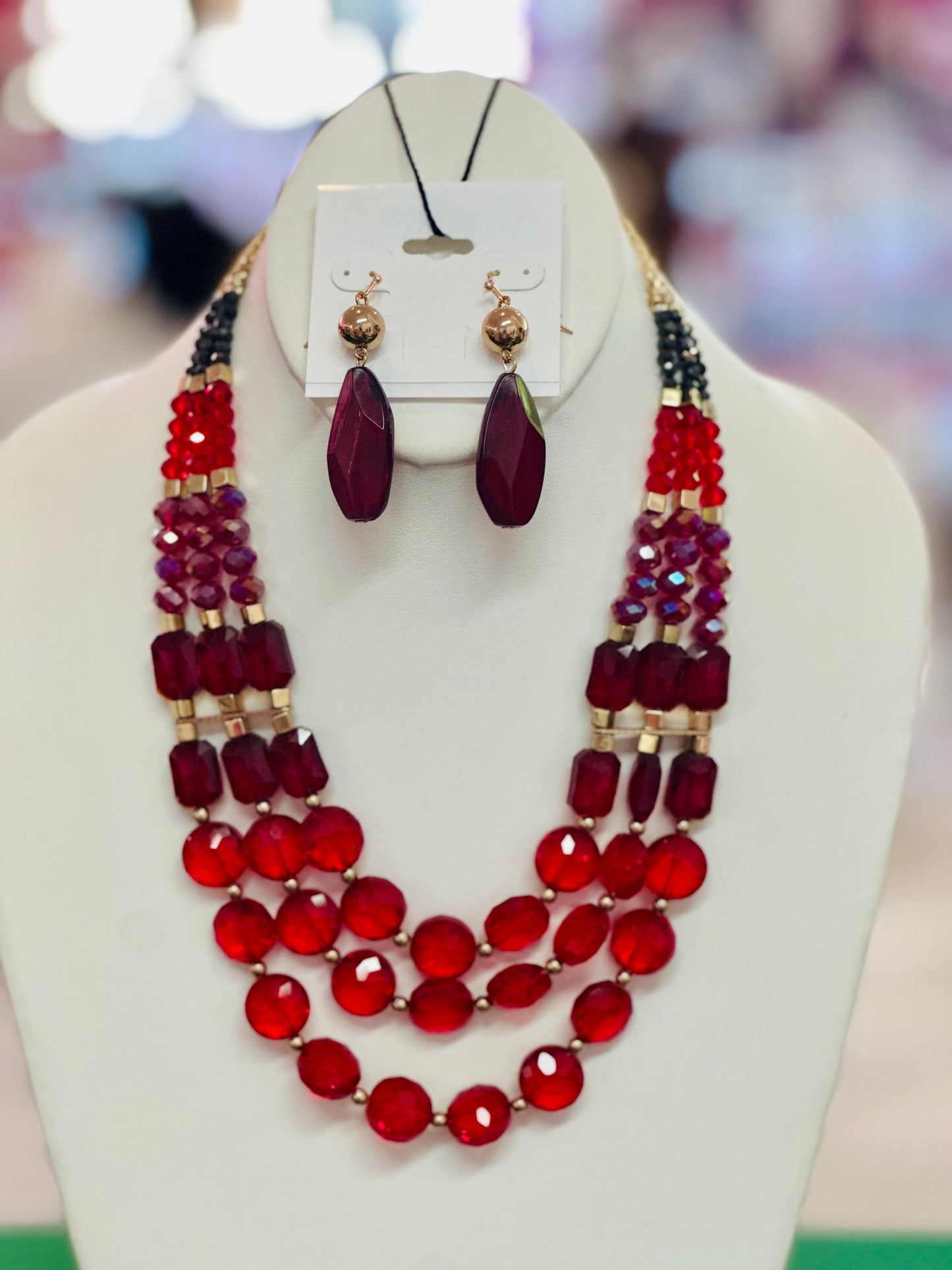 Vintage Crimson Four-Strand Statement Necklace & Earring Set