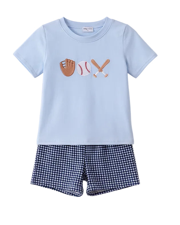 Blue Baseball Applique Gingham Shorts Set