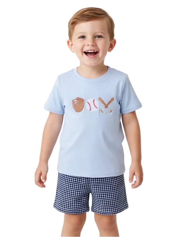 Blue Baseball Applique Gingham Shorts Set