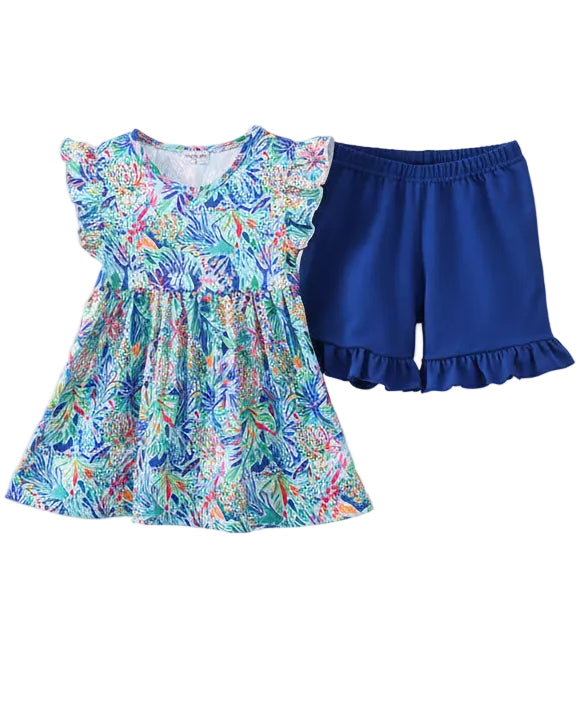 Summer Floral Print Ruffle Shorts Set