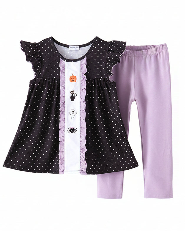 Black Ghost Spider Embroidery Ruffle Pants Set