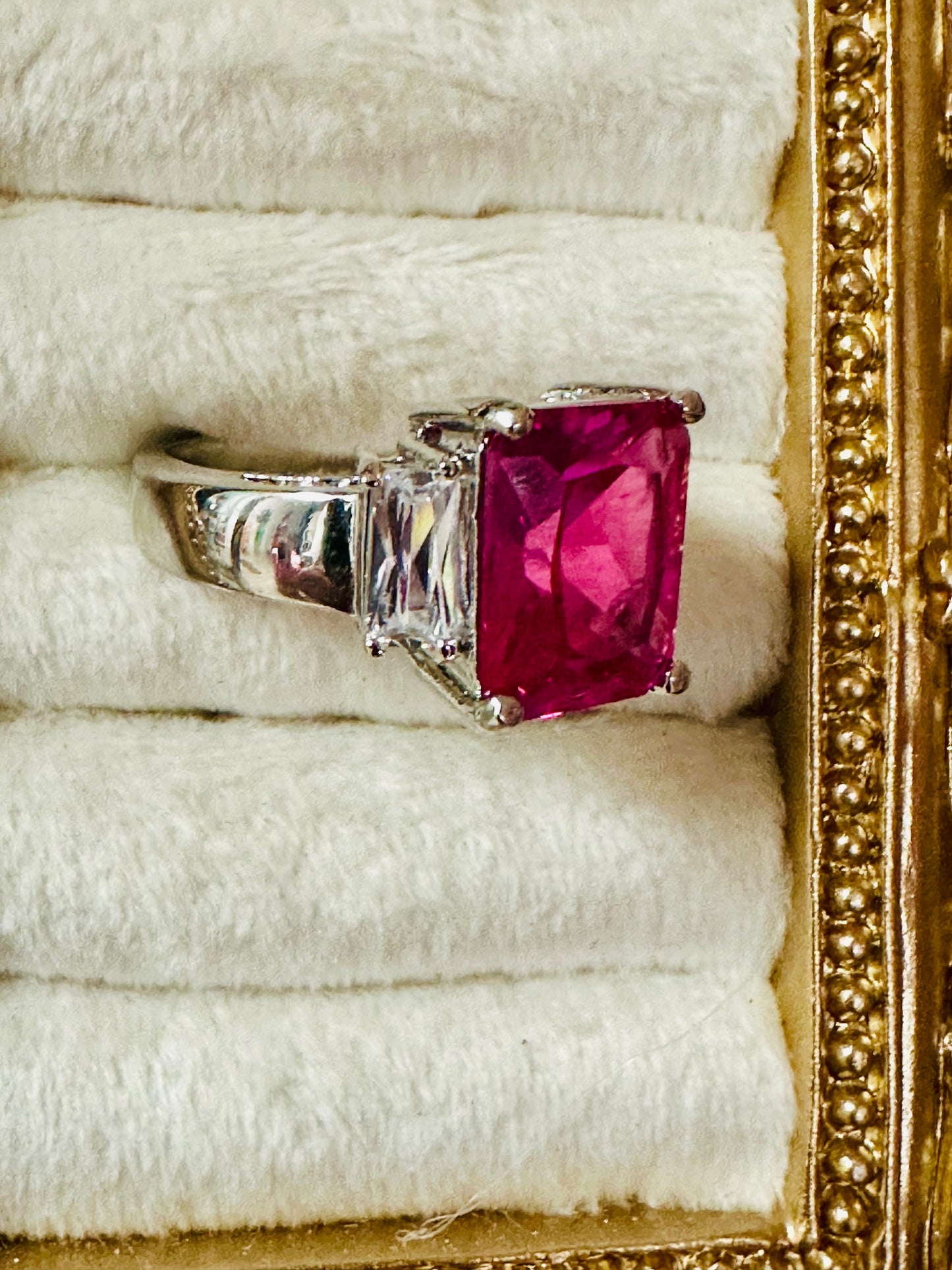 Vintage Three-Stone Hot Pink Radiant Cut Ring