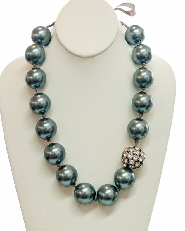 Chunky 15mm Simulated Tahitian Pearl Statement Necklace with Pavé Crystal