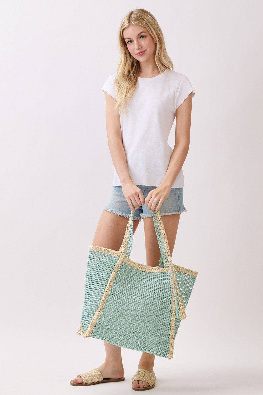 Two Tone Woven Straw Beach Tote Bag
