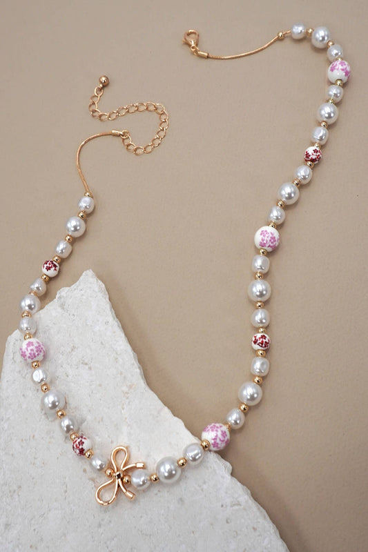 Pink Ceramic Porcelain Bow Necklace