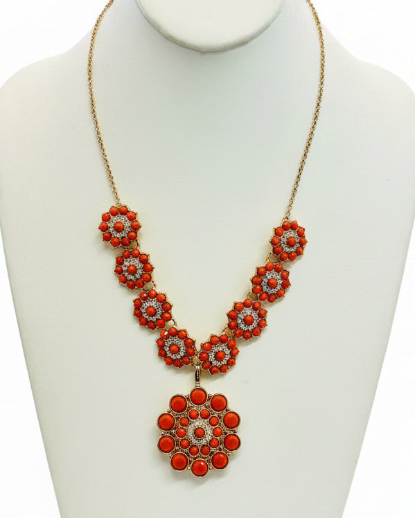 Coral Floral Medallion Statement Necklace