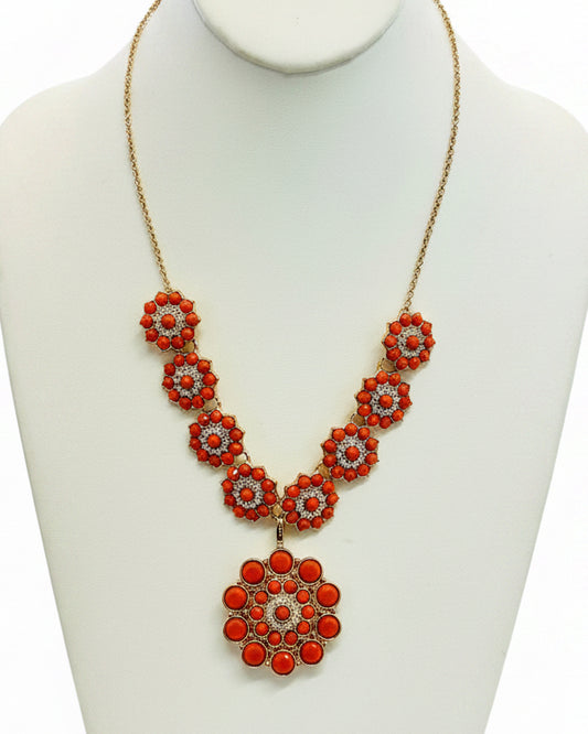 Coral Floral Medallion Statement Necklace